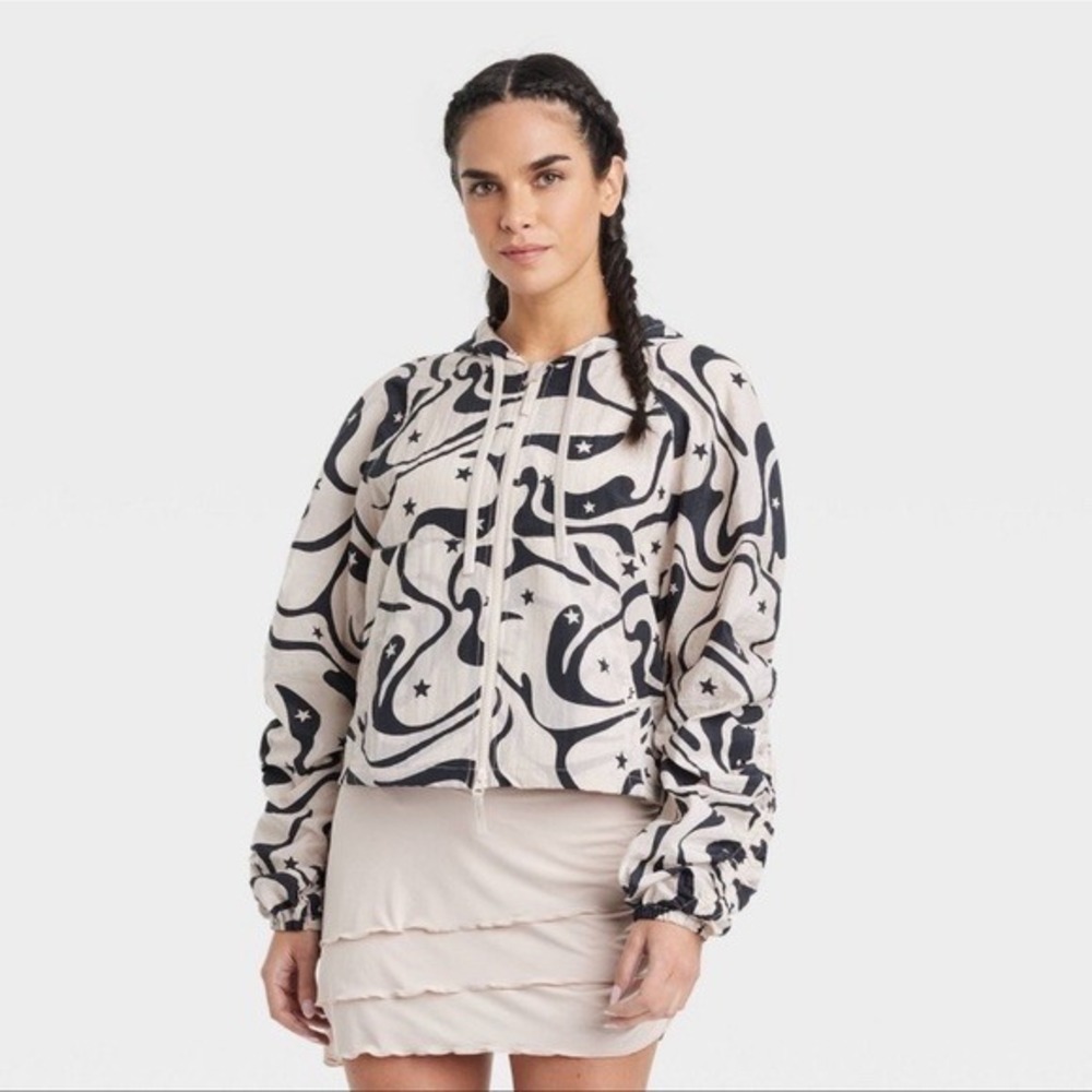 JoyLab Cropped Hooded Windbreaker Swirl Star Print Jacket, XXL Tan Black‎ Whimsy